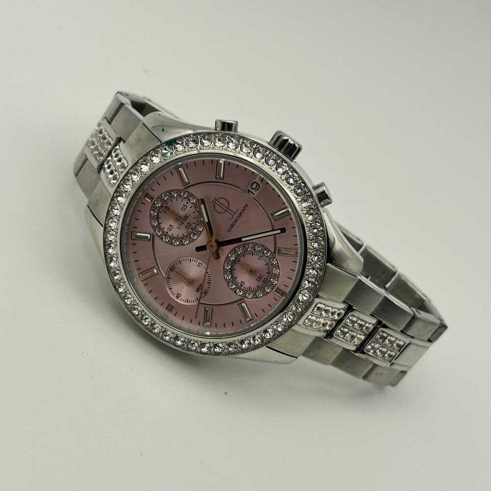 Jennifer Lopez Silver Tone Pink Dial Crystal Accents Women’s Chronograph Watch - Picture 4 of 8